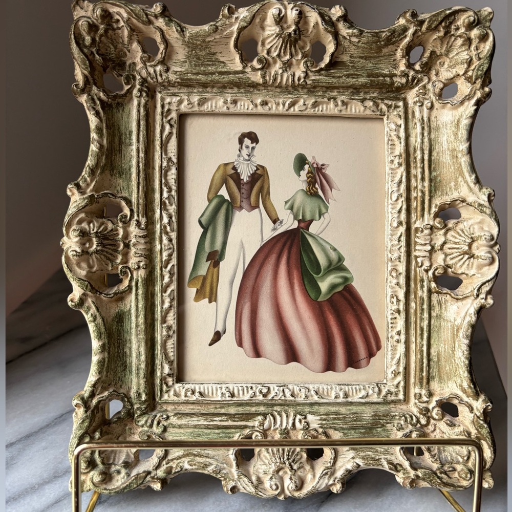 Antique Victorian Turner Courting Couple Print in Ornate Driftwood Frame 7 x 9